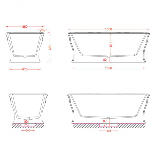 Artceram Neo Ванна отдельностоящая, 180х85хh65см, с переливом и слив.крышкой, Livingtec