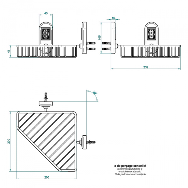 THG Oceania Полочка металлическая, подвесная, решетка, угловая, 20х20см., цвет: хром/прозрачный хрусталь