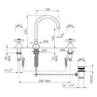 Nicolazzi Nuova Brenta Смеситель для раковины на 3 отверстия, с донным клапаном, высокий поворотный излив: 190мм, цвет: хром