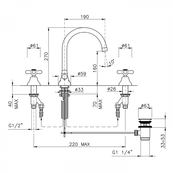 Nicolazzi Nuova Brenta Смеситель для раковины на 3 отверстия, с донным клапаном, высокий поворотный излив: 190мм, цвет: хром