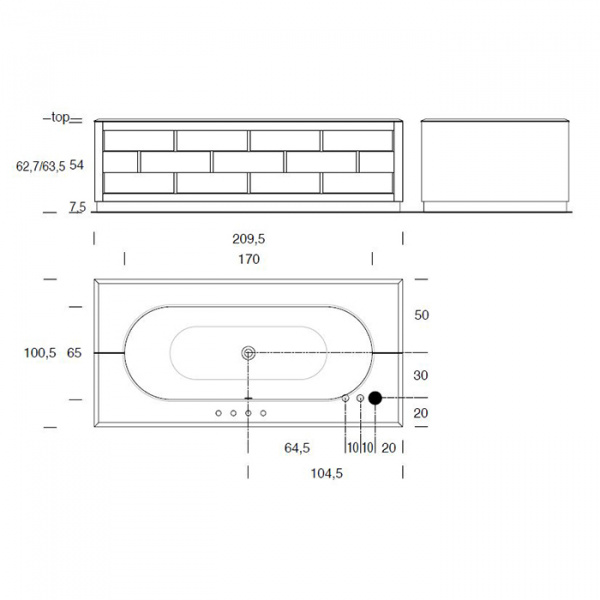 VITAGE milldue edition RITZ Ванна 180х75см, стальная, подача воды из водослива, в комплекте с сифоном, основанием и мраморным топом, отдельностоящая, цвет: белый/Nero