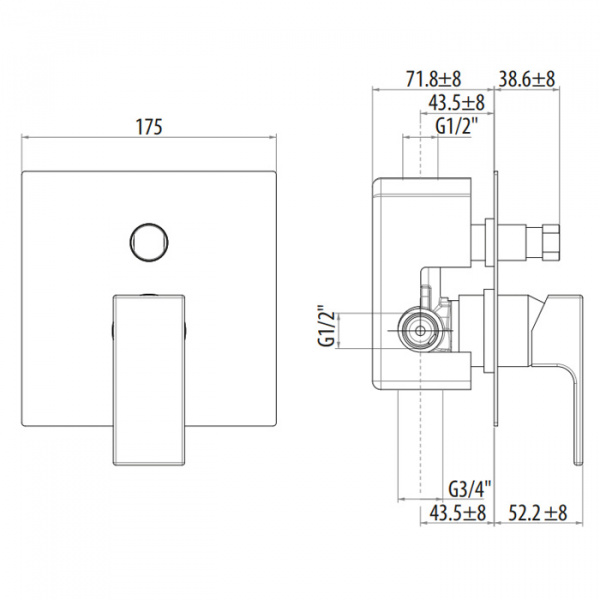 Gattoni Kubik Смеситель для душа, встраиваемый, 2 выхода (укомплектован GBOX), цвет: bianco opaco