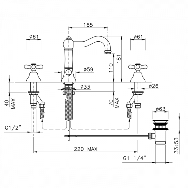Nicolazzi Nuova Brenta Смеситель для раковины на 3 отверстия, с донным клапаном, поворотный излив: 165мм, цвет: хром