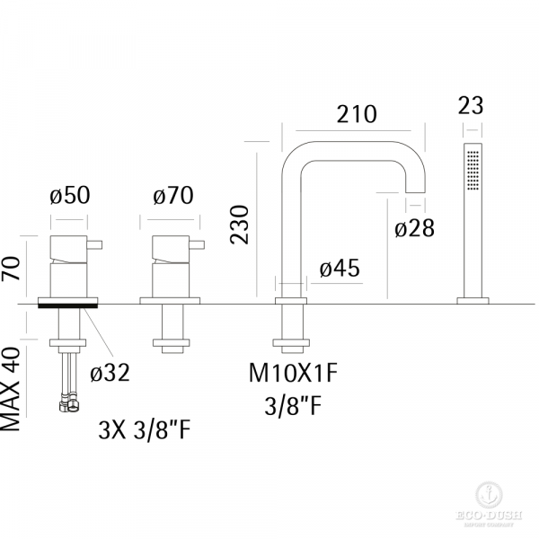HUBER Lynox Смеситель на борт ванны на 4 отверстия, нержавеющая сталь