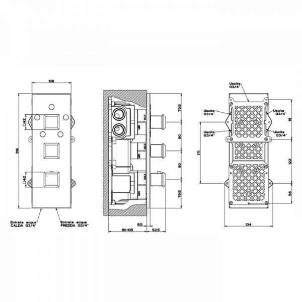 Gessi Eleganza Встраиваемый термостатический смеситель, подключение на 3/4”, с 5ю выходами и селектором, внешняя часть, цвет: хром