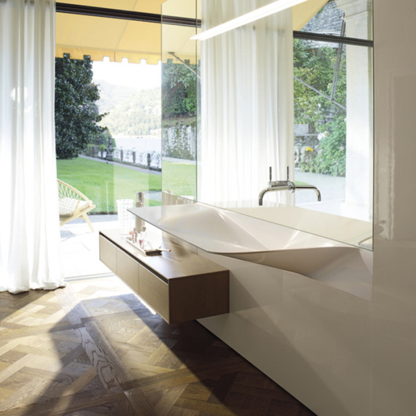 BURGBAD RC40 Композиция №1 332х70х220см, раковина глянц, тумба 3 ящика, пенал 2 двери, зерк с подсв, цвет: Sand Hochglanz/Eiche Fineline Hellgrau