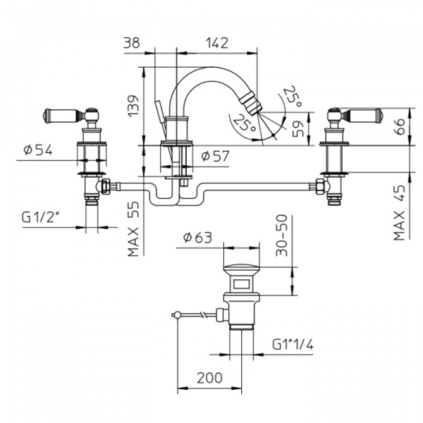 Bossini Liberty Смеситель для биде на 3 отверстия с поворотным изливом и заглушкой 1”1/4, цвет: античная бронза