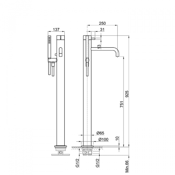 Fantini AF/21 Смеситель для ванны, напольный, излив: 250 мм, цвет: матовая натуральная сталь