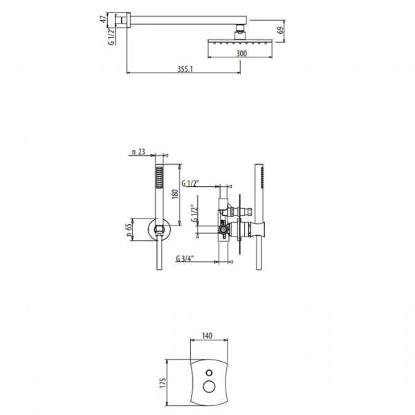 Gattoni Intersezione Комплект для душа со встроенным смесителем, перекл. на 2 вых, с ручной лейкой и верхним душем 300х300 мм, цвет: хром