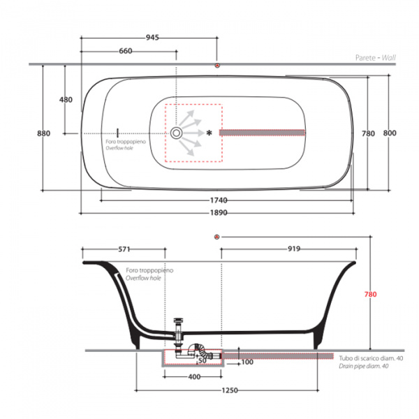 Globo Relais Ванна отдельностоящая 189x88xh61см, с переливом, (без выпуска и сифона), материал: Pietraluce
