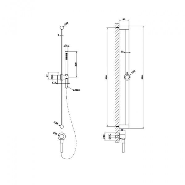 Gessi Shower316 Штанга в комплекте с душевой лейкой с легкой очисткой, шланг 1,50 м, вывод воды из стены, цвет: шлифованная сталь