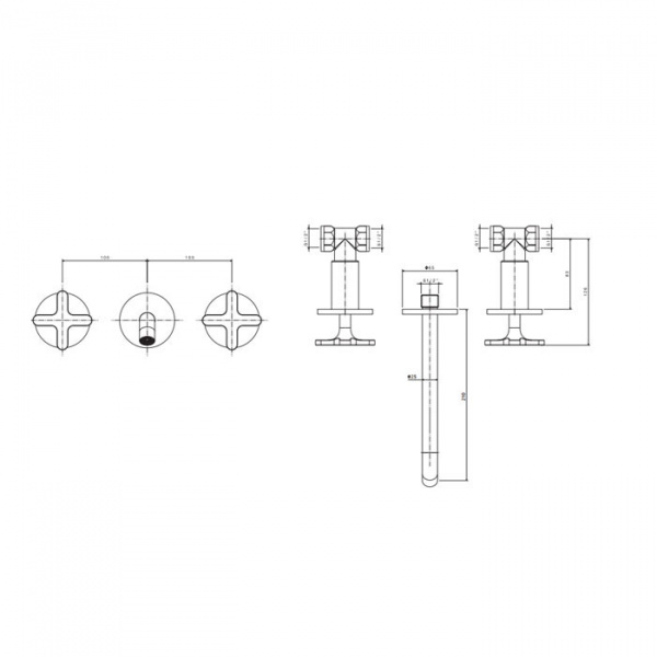 AZZURRA LINEA Смеситель для раковины, настенный, на 3 отверстия, излив 210мм, встраиваемый