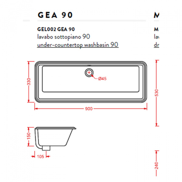 Artceram WASHBASINS GEA Раковина 90х33 см, без отв., цвет: белый