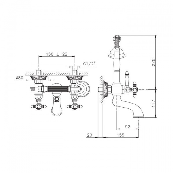 Nicolazzi Impero Смеситель для ванны с 2мя ручками, с переключателем ванна/душ, цвет: золото